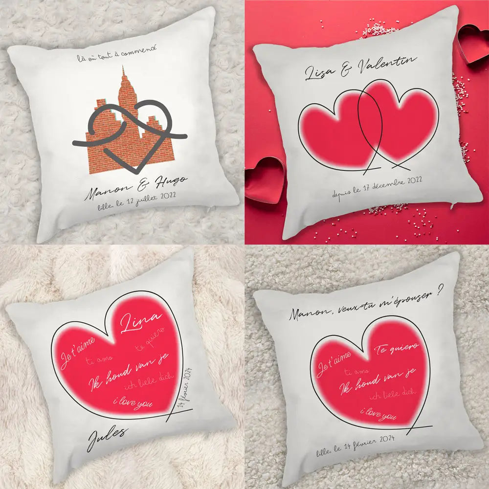4 coussins made in France personnalisés à offrir à la Saint Valentin