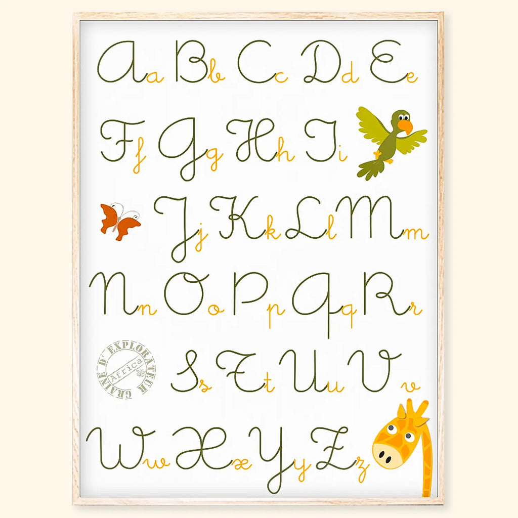 Affiche alphabet enfant avec animaux de la savane – Girafe et perroquet.