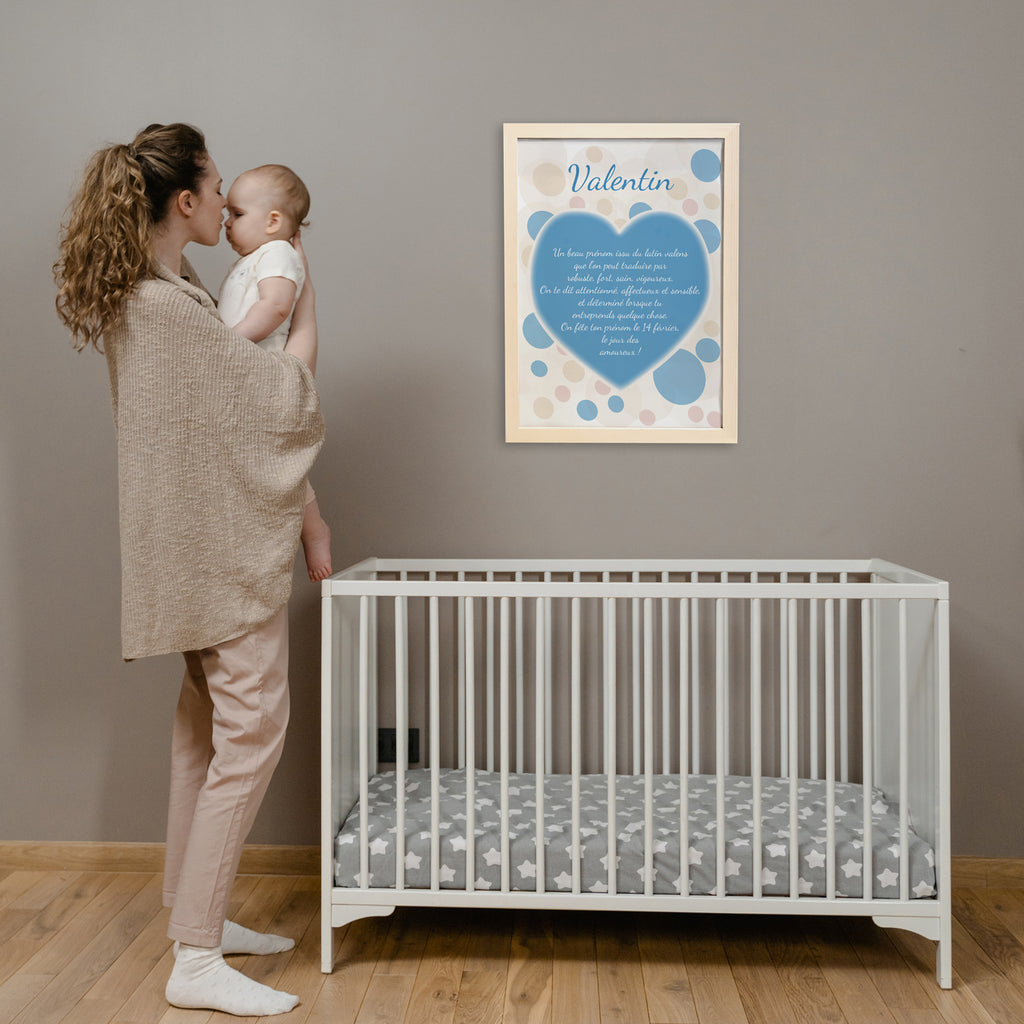 Affiche coeur 40x60cm bleue personnalisée avec origine et caractère prénom