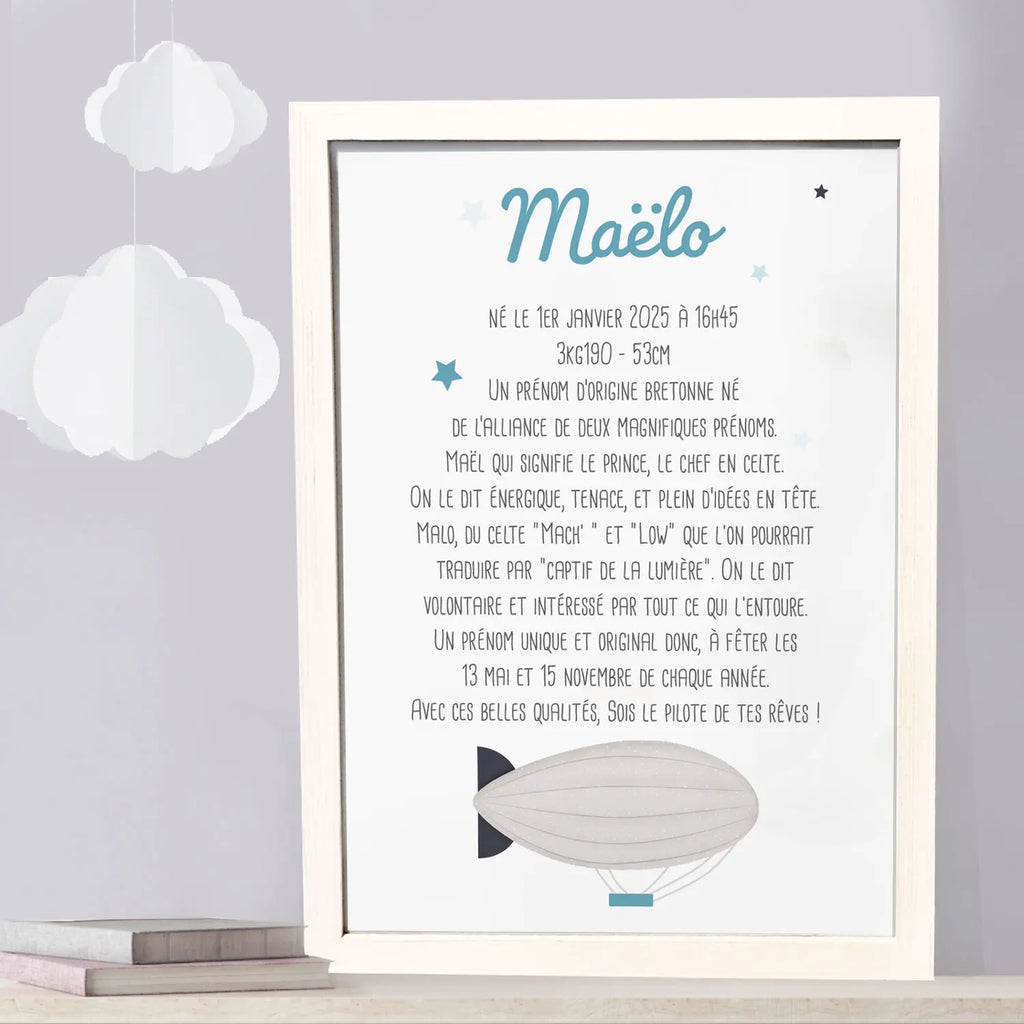 Affiche prénom sur-mesure et son dirigeable pour bébé