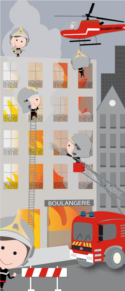 Affiche géante des pompiers en intervention sur un immeuble en feu