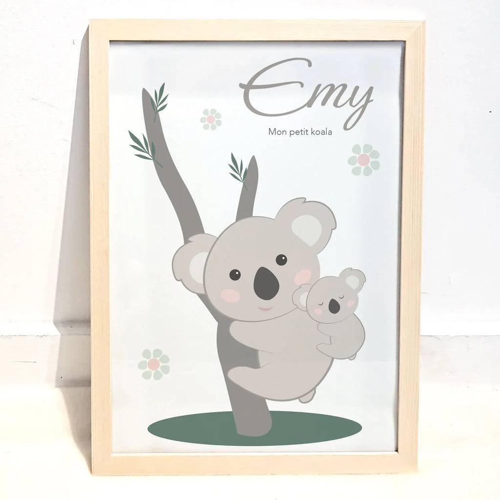 Affiche personnalisée koala : illustration d’un koala portant son petit, prénom et mention "mon petit koala".