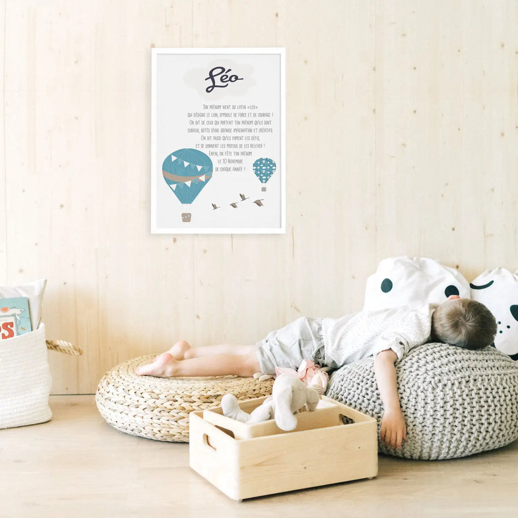 Affiche montgolfière 40x60cm avec origine et caractère prénom