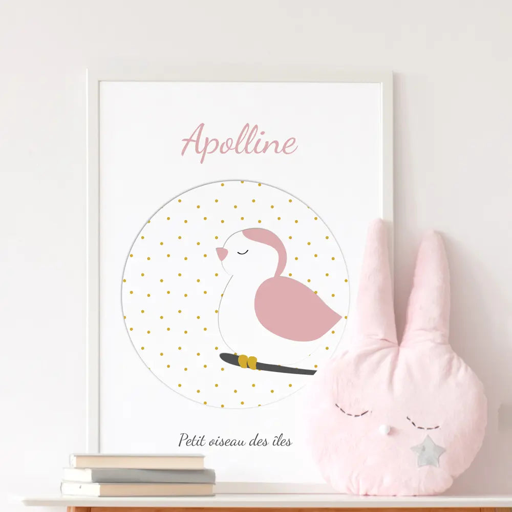 Affiche personnalisée rose poudré et dorée du petit oiseau