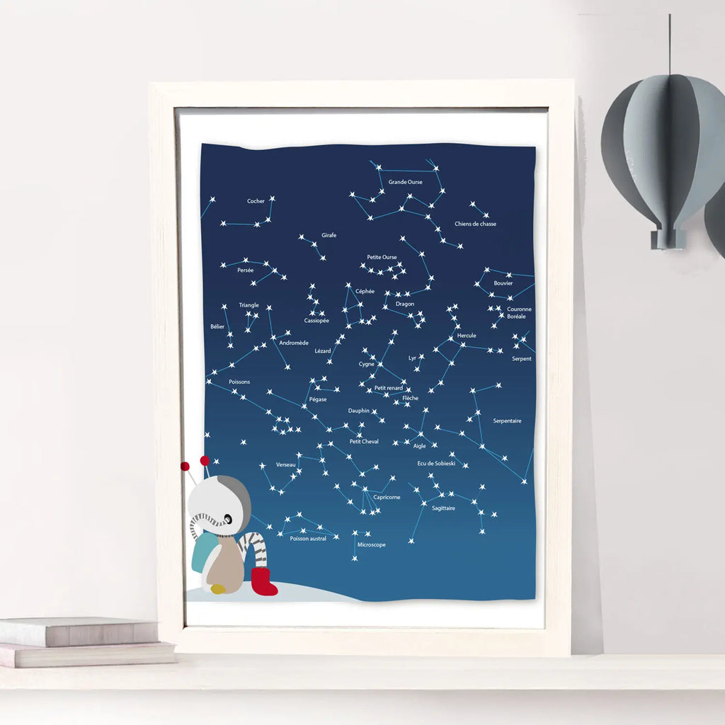 Affiche ciel étoilé enfant avec constellations et petit astronaute assis sur le rebord.