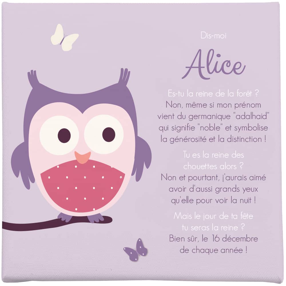 Cadre personnalisé chouette mauve au prénom d'Alice