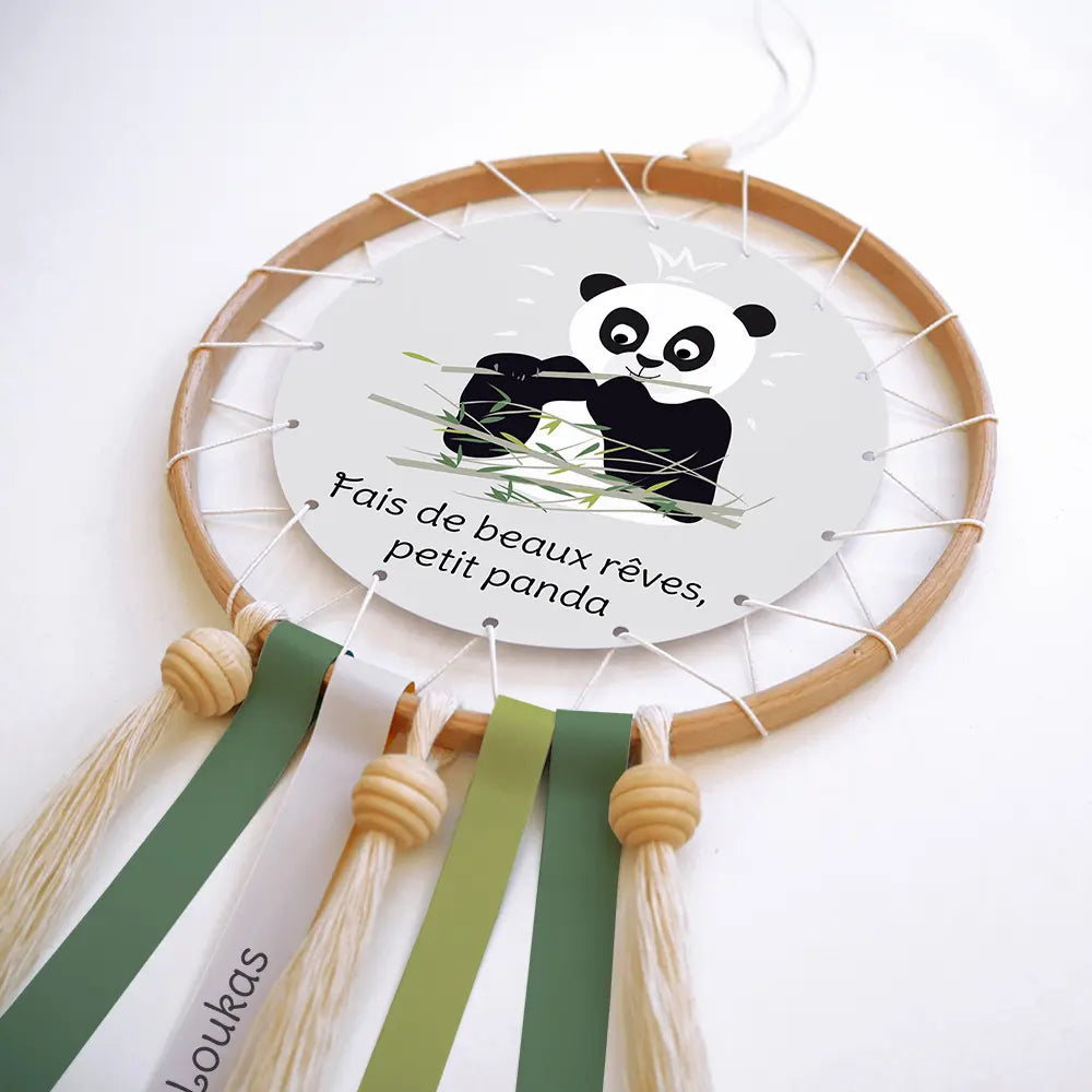 capteur de rêves panda personnalisé au prénom, fond gris clair