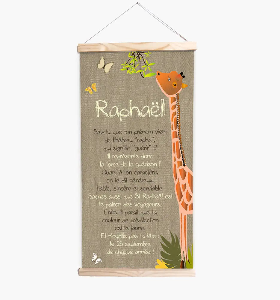 Bannière jungle en tissu avec origine et caractéristique du prénom Raphaël