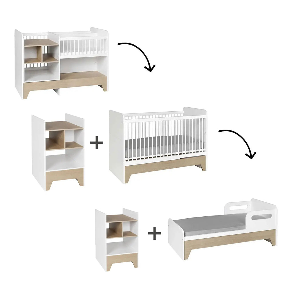 Un lit évolutif suivant 3 configuration : berceau, lit bébé, lit enfant