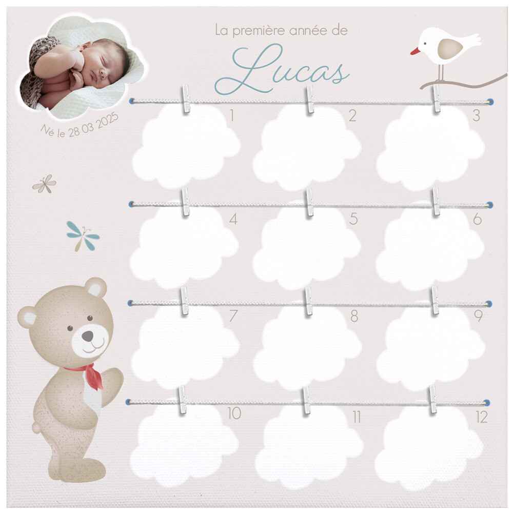 Cadre première année bébé personnalisé ourson nuage