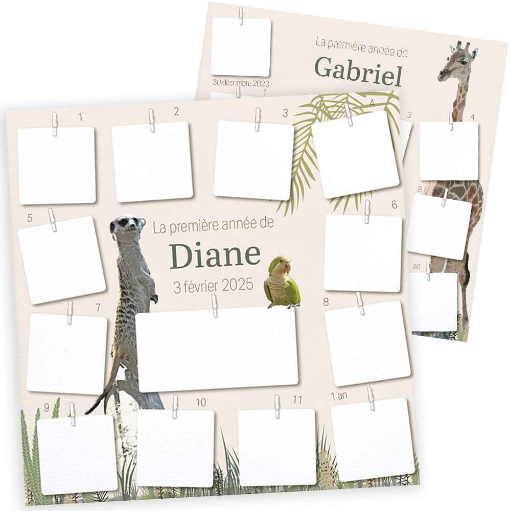 Cadre première année bébé thème jungle avec photo(s) imprimée(s)