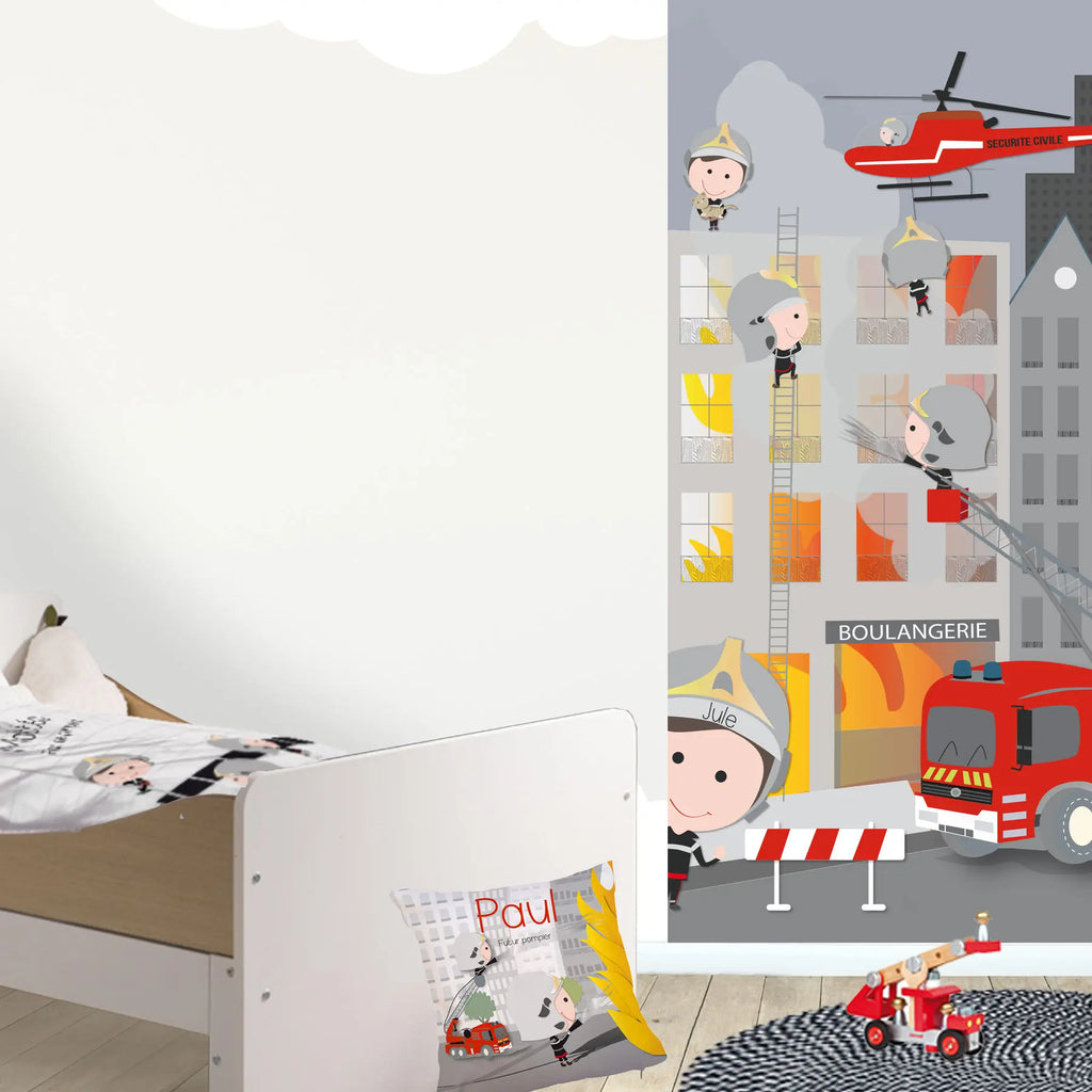 Déco murale enfant thème pompier – papier peint préencollé personnalisé, imprimé en France sur mesure