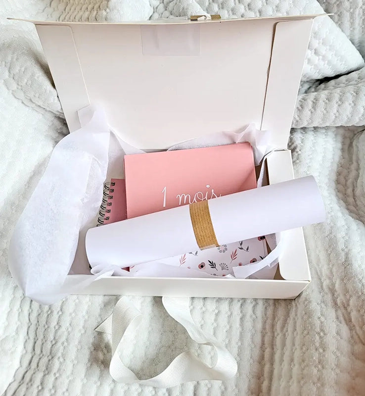 boîte ouverte avec carnet, cartes étapes et ruban présentés