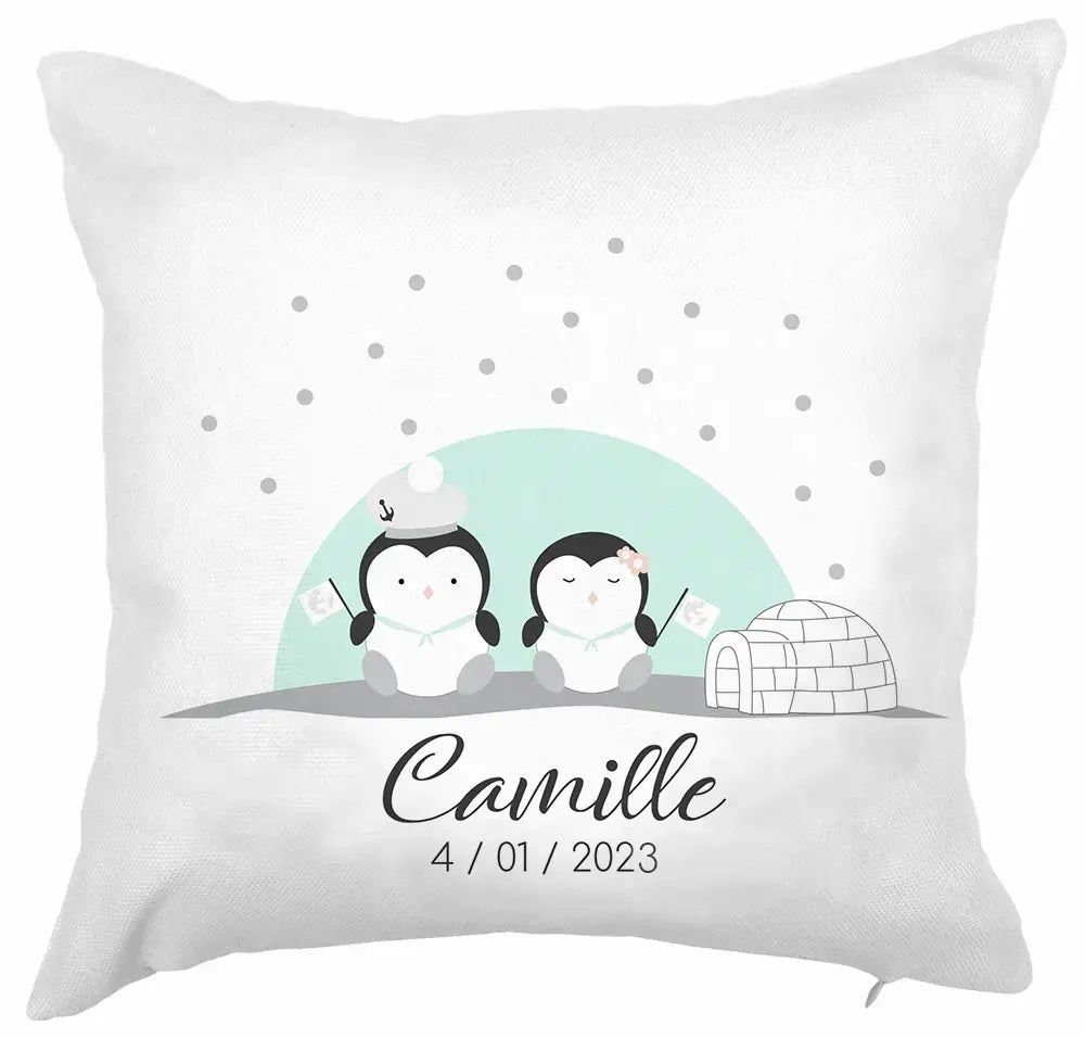 coussin naissance personnalisé banquise avec pingouins et igloo
