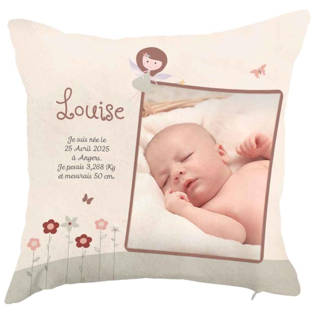 Coussin photo prénom naissance petit elfe rose et taupe