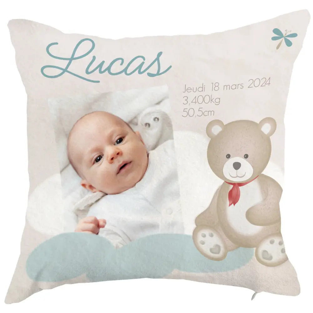 Coussin photo prénom naissance ourson et nuage bleu