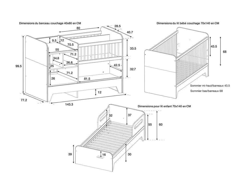 Détail des dimensions des 3 configurations du lit COSY