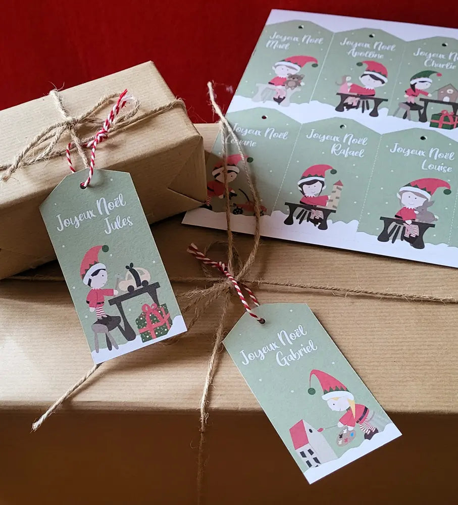 Etiquettes cadeaux lutins de Noël personnalisables