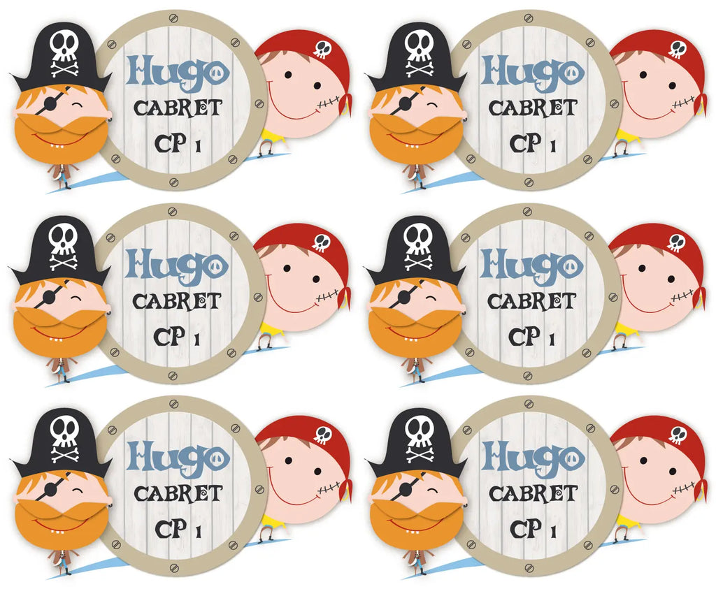 planche de stickers pirates pour cahier avec nom, prénom et classe