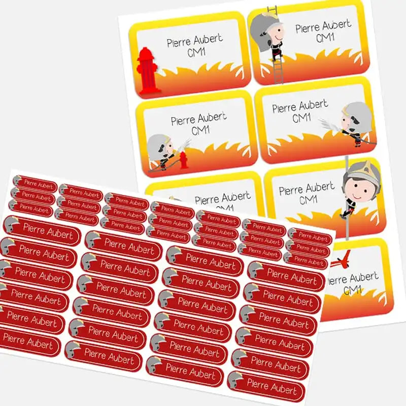 Etiquettes personnalisées au prénom pompier en devenir pour l'école