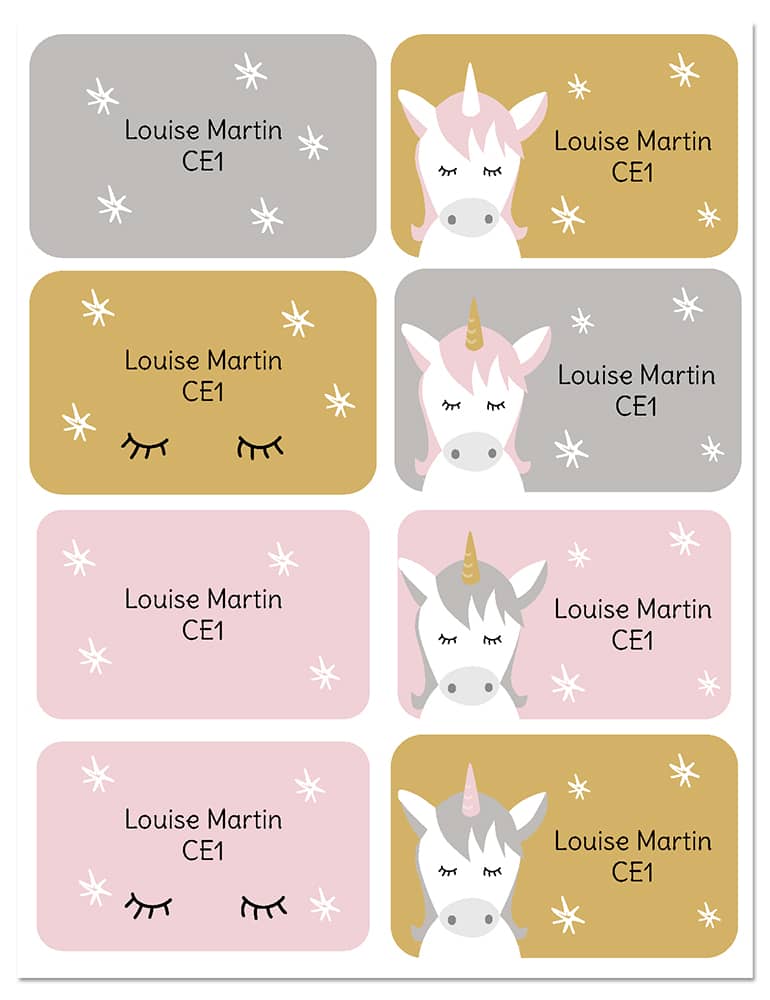 Etiquettes de cahier licorne avec prénom enfant