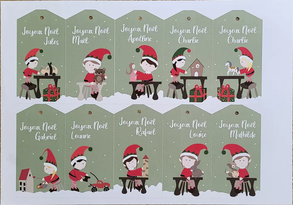 Etiquettes cadeaux Noel à personnaliser avec 10 prénoms