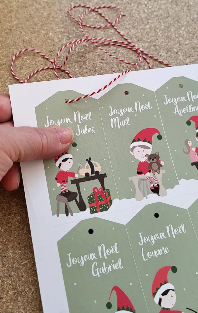 Etiquettes cadeaux lutins Noel fille et garçon