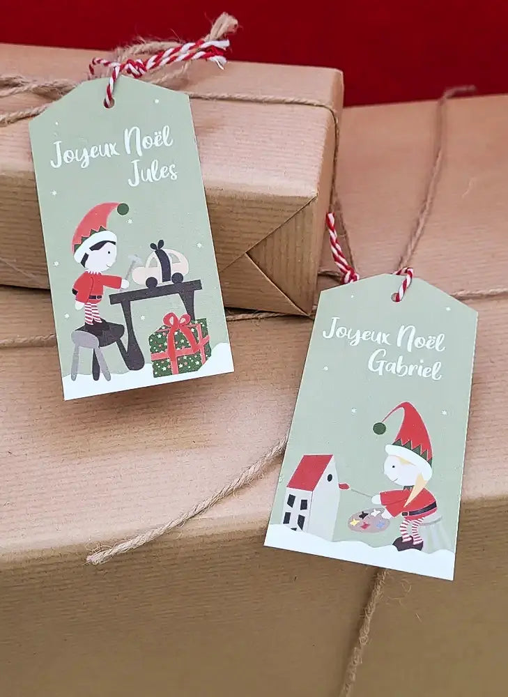Lot de 10 etiquettes cadeaux lutins de Noel