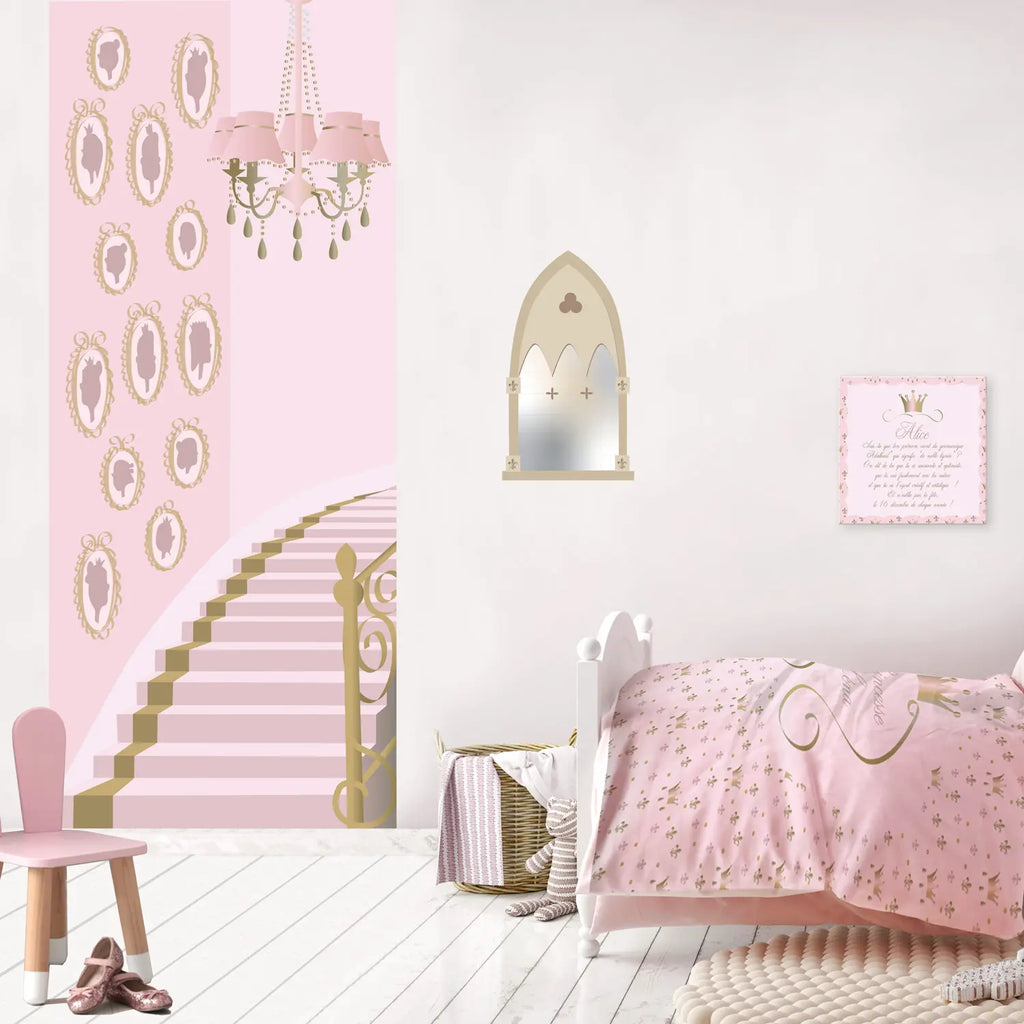 papier peint princesse chambre fille avec escalier de château en trompe l'oeil