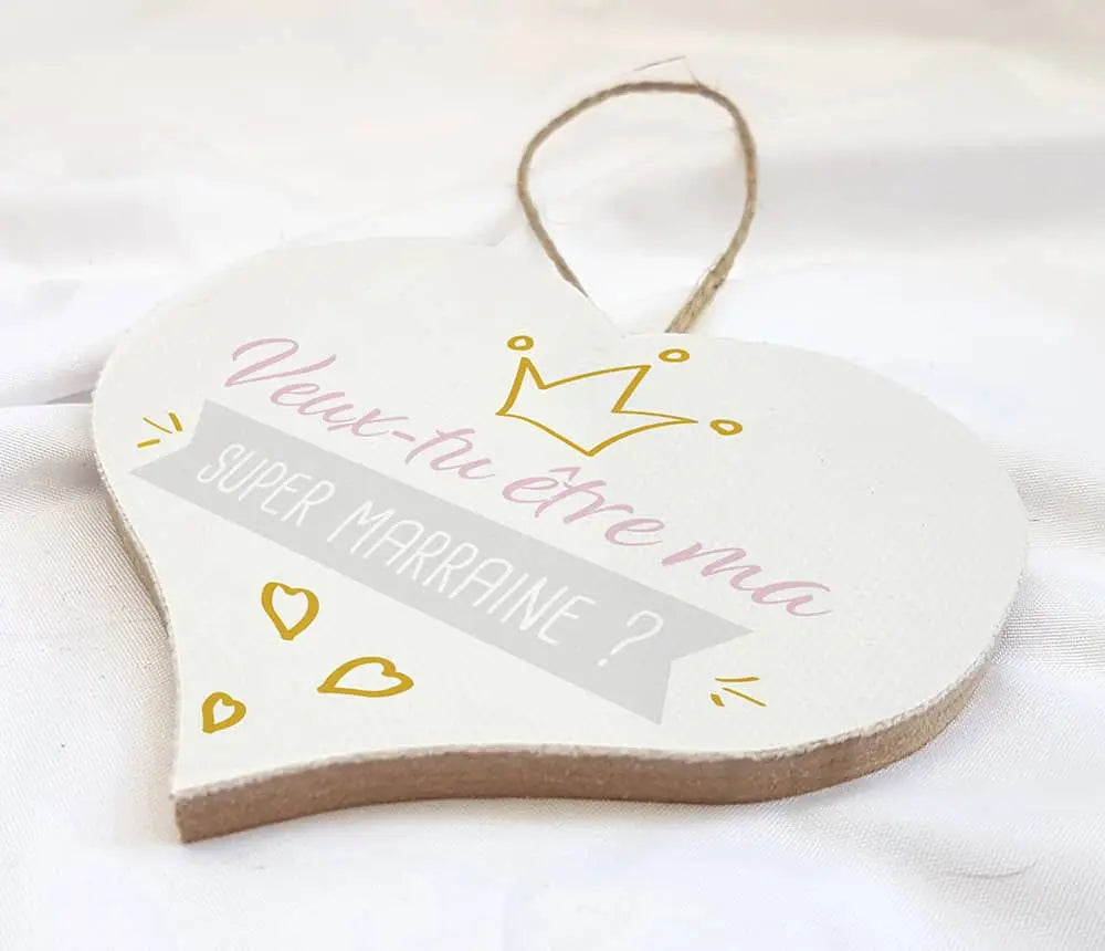 Petit cœur en toile personnalisé avec message 'Veux-tu être ma marraine ?', cadeau à offrir pour baptême ou naissance