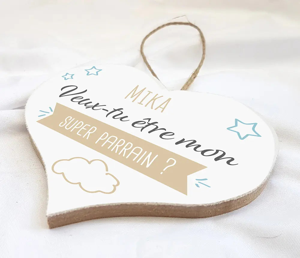 Petit cœur en toile avec message 'Veux-tu être mon parrain ?', objet décoratif et symbolique à personnaliser