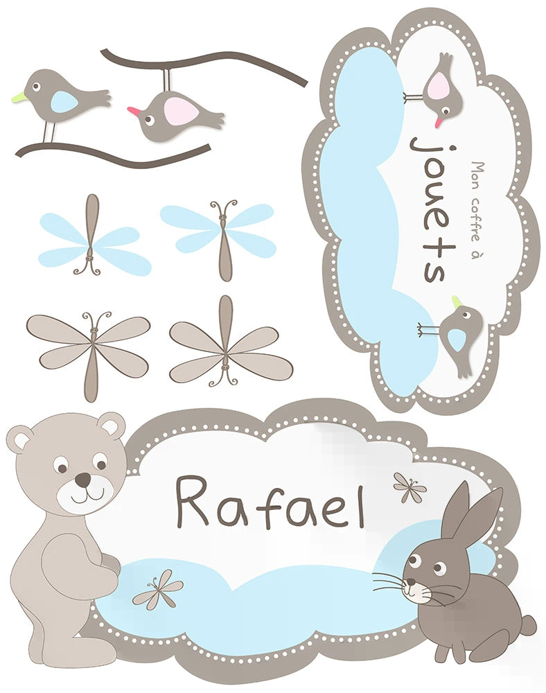 Planche de stickers ourson, lapin, nuages et papillons pour coffre à jouets personnalisé