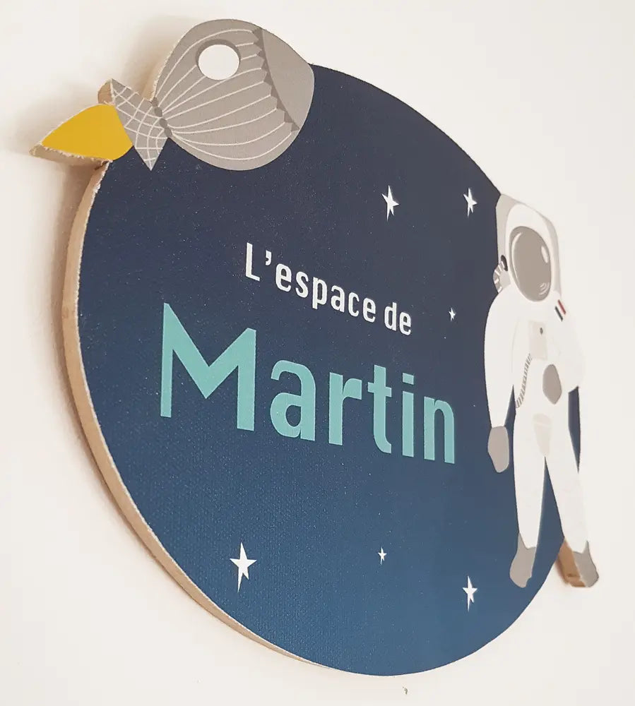 Plaque prénom thème espace en bois et toile