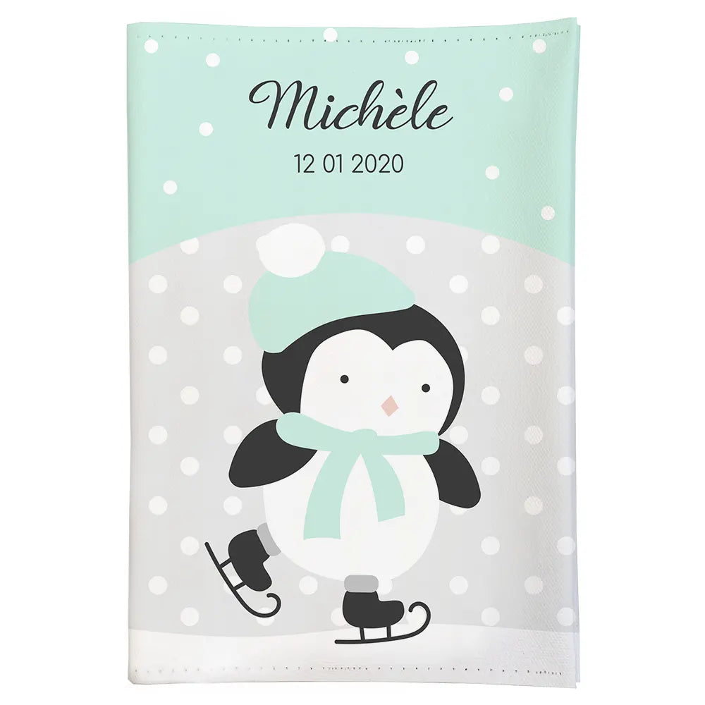 Housse carnet de santé personnalisée vert d'eau pingouin dans la neige et sur la glace