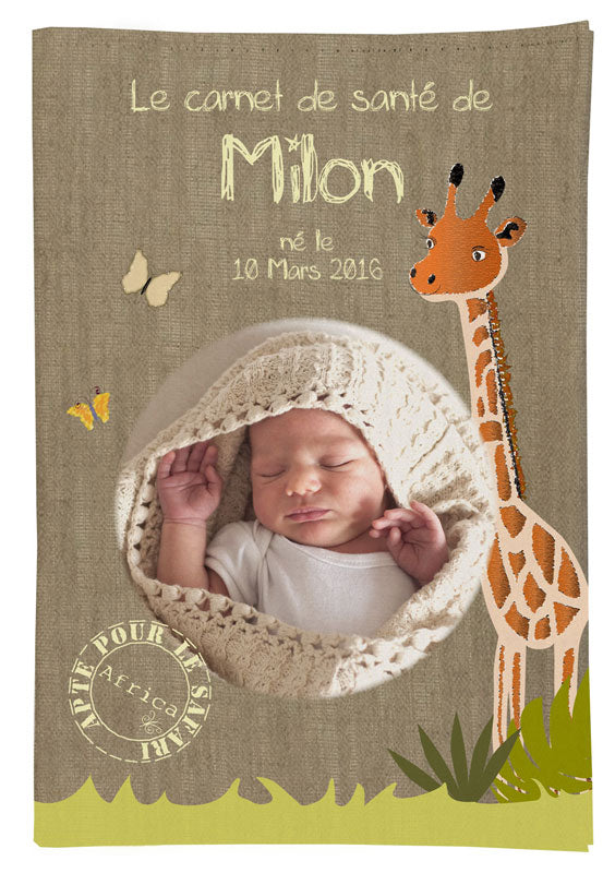 Protège carnet de santé girafe jungle personnalisé avec photo, prénom et date naissance de bébé