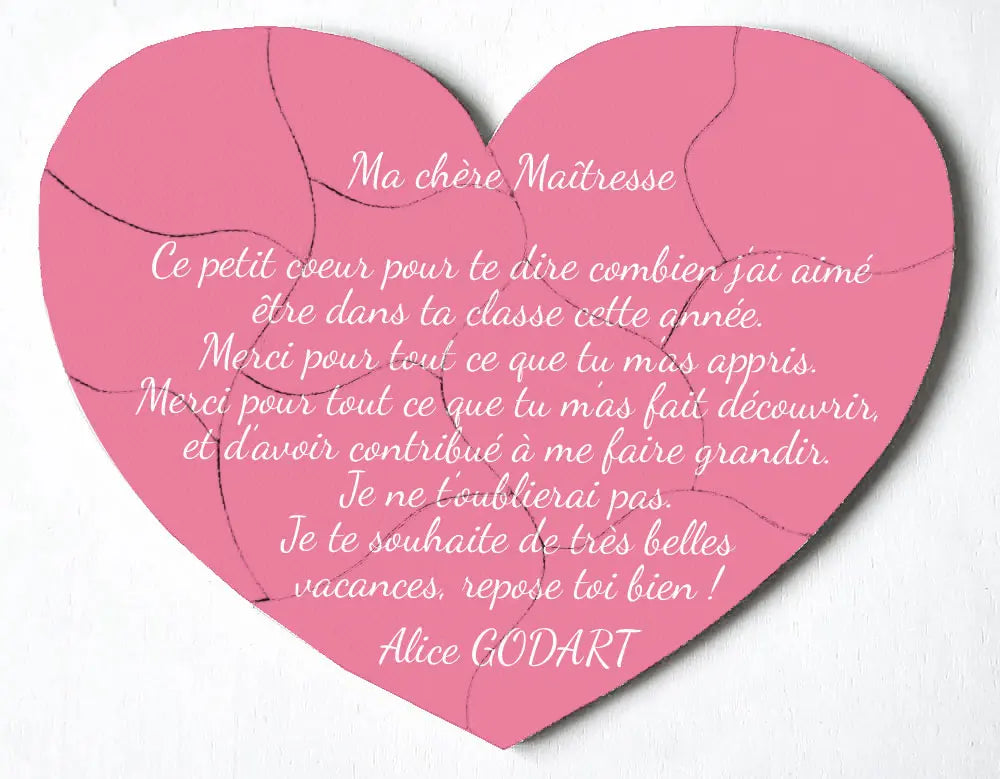 Message personnalisé pour la maîtresse imprimé sur un puzzle coeur en bois et toile