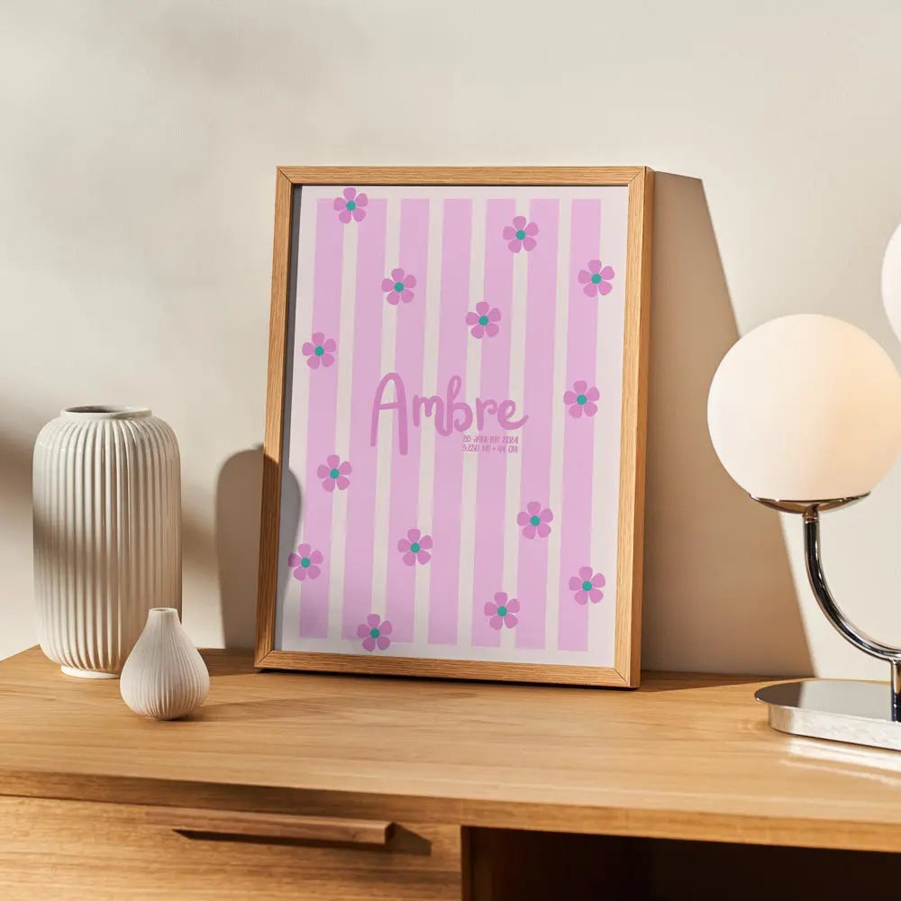 Affiche vintage fleurie rayures rose personnalisée