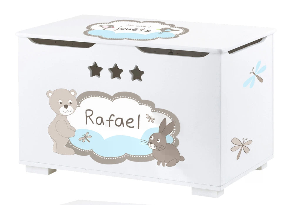 Habillage coffre à jouets personnalisé avec prénom – motif ourson, lapin et nuage