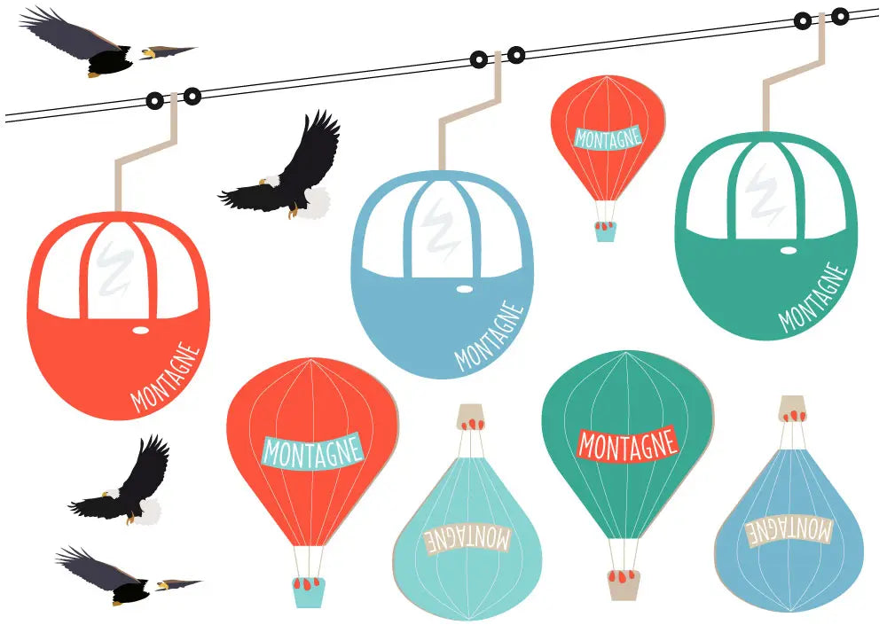 sticker télécabines, montgolfières et aigles pour chambre enfant montagne