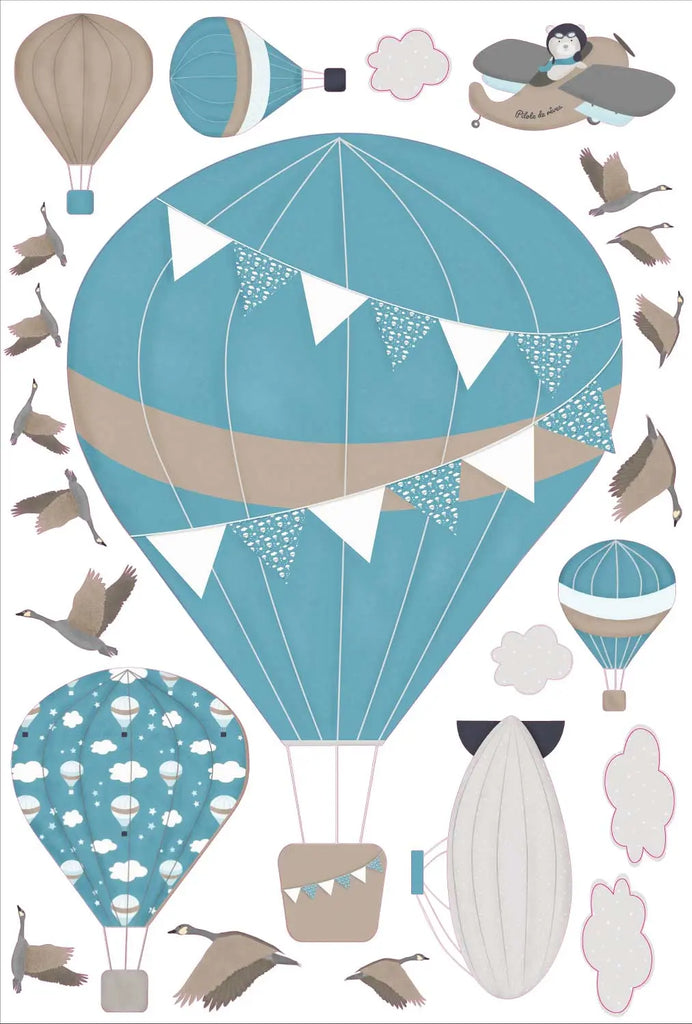 Planche de stickers montgolfière et avion – 23 éléments à poser, fabrication française