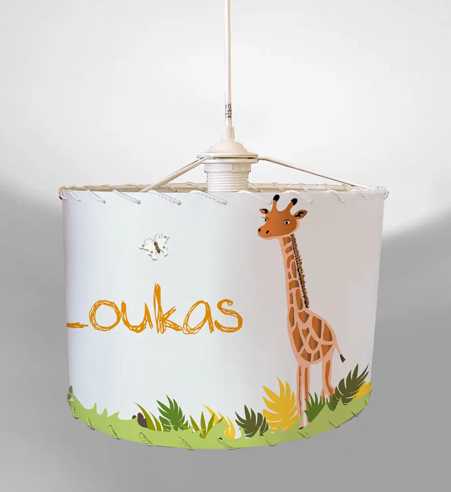 Lustre safari avec animaux de la savane : girafe, tigre, hippopotame, lion, éléphant, singe et zèbre.
