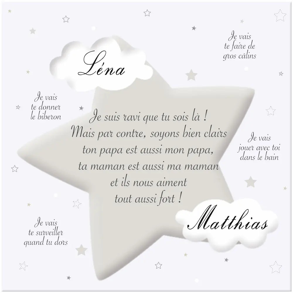 Toile personnalisée arrivée petit frère ou petite sœur nuages et étoiles