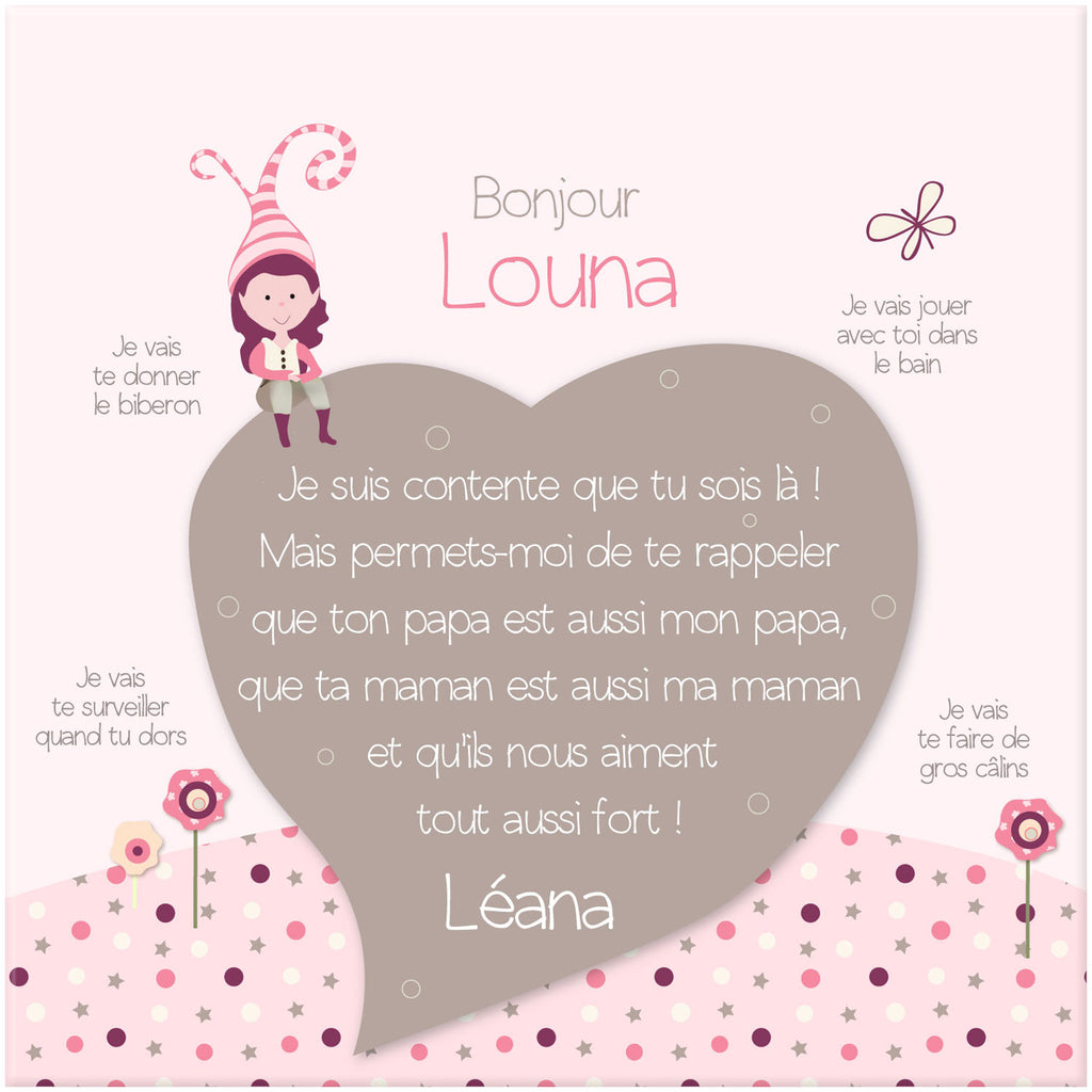 Toile personnalisée pour souhaiter la bienvenue à une petite soeur