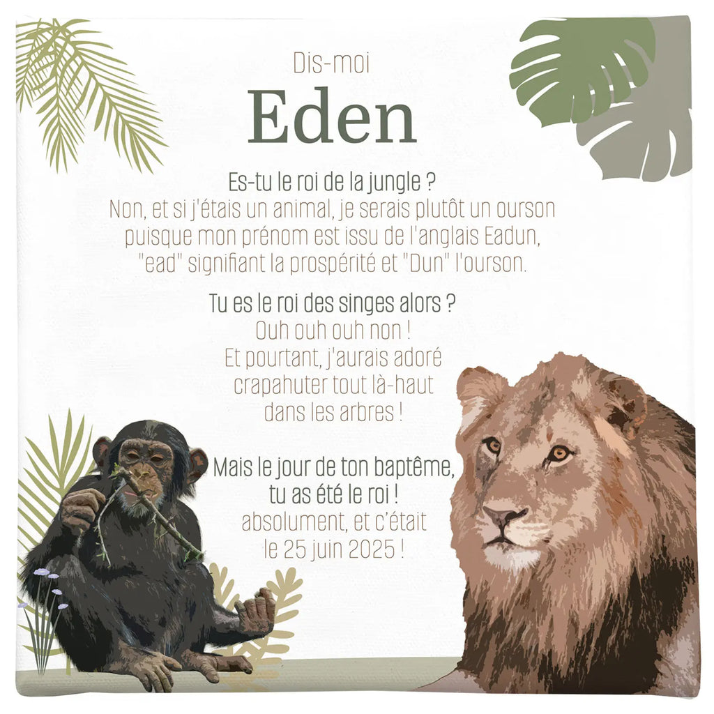Toile jungle prénom personnalisée au prénom d'Eden avec date de baptême