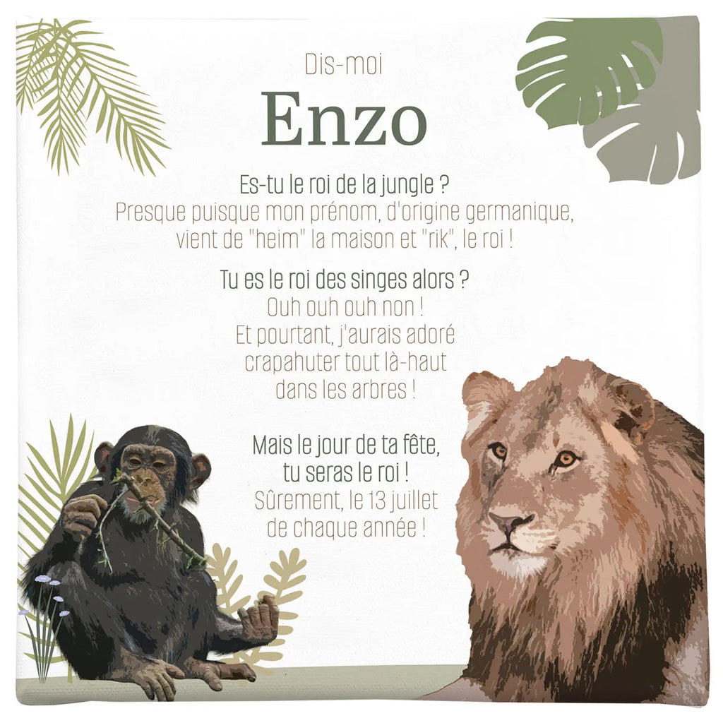 Toile jungle singe et lion personnalisée au prénom d'Enzo avec date de fête