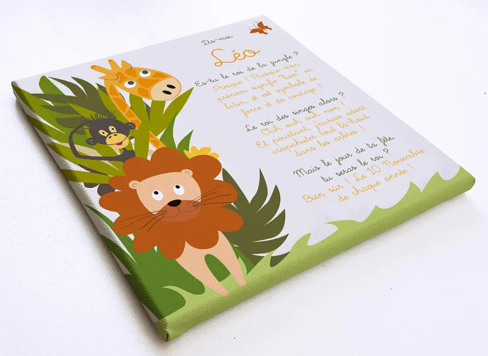 Toile sur l'origine du prénom de votre enfant sur fond d'animaux de la savane