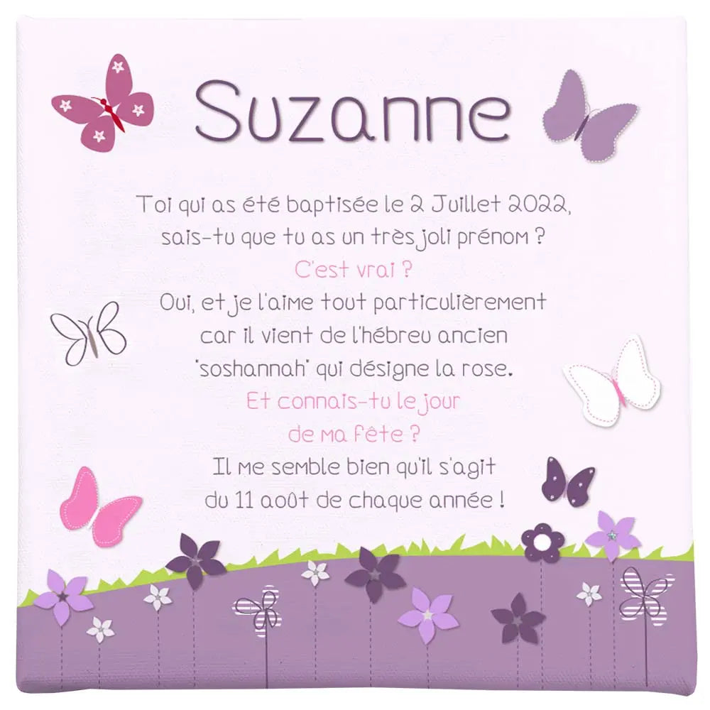 Cadre personnalisé papillons et texte sur origine et date fête du prénom Suzanne