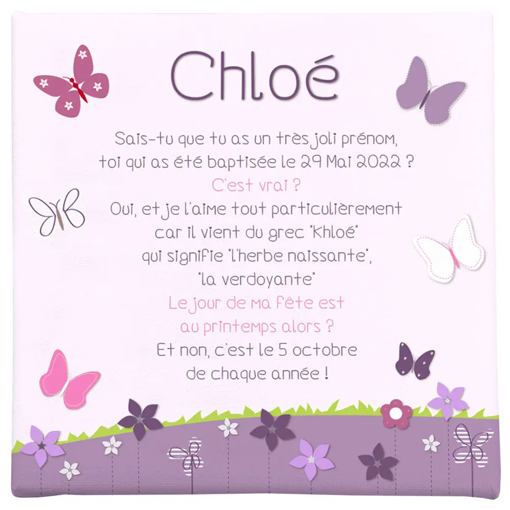 Toile personnalisée papillons et fleurs spécialement rédigée autour du prénom Chloé