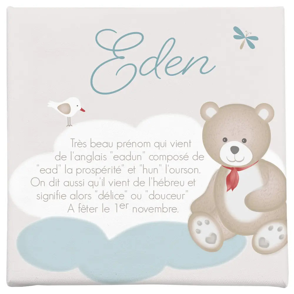 toile prénom bébé garçon et ours sur son nuage bleu