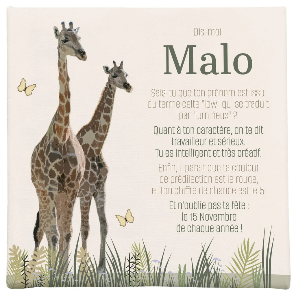 Cadre prénom personnalisé enfant jungle avec girafes stylisées